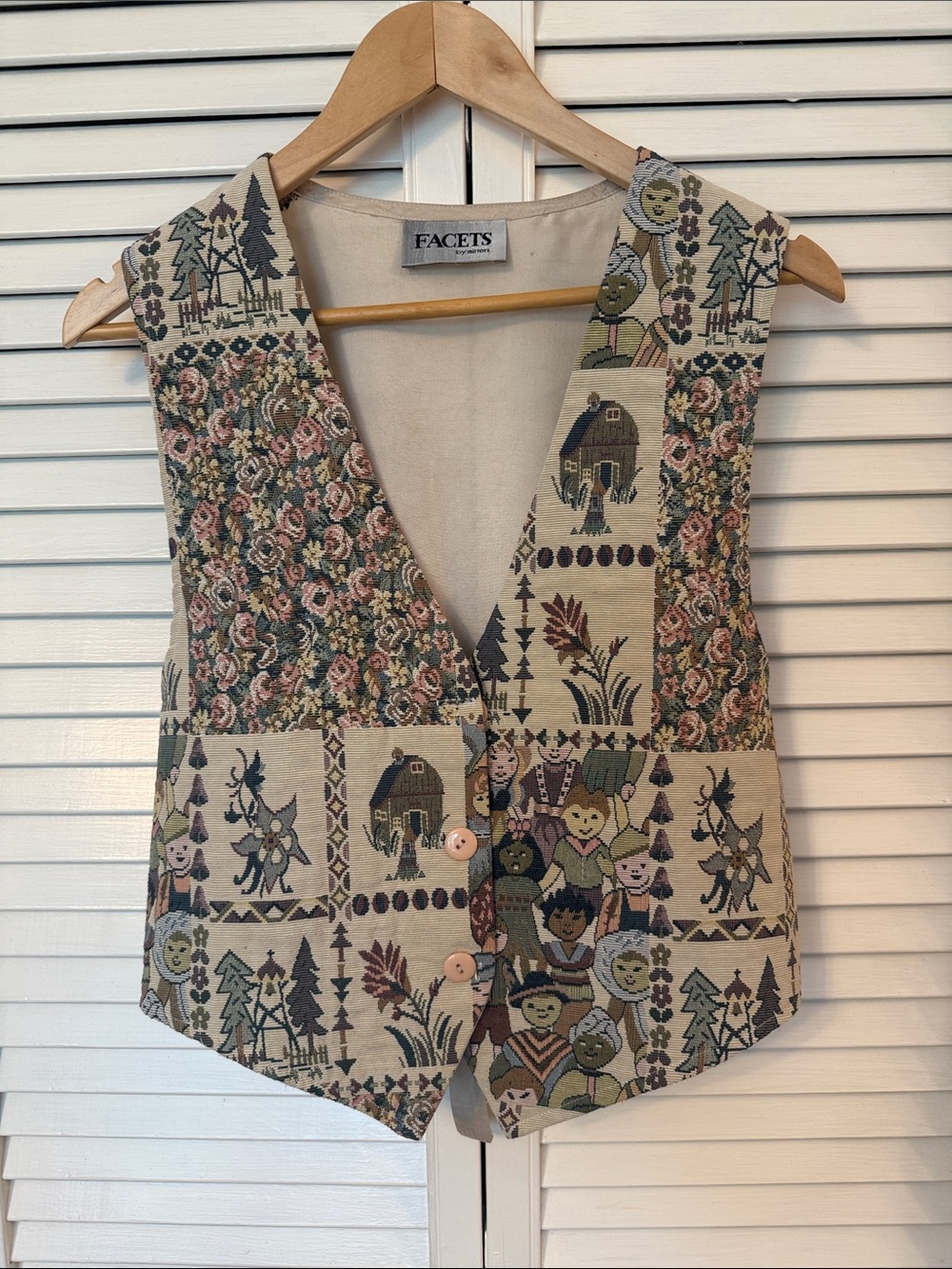 Vintage Facets Tapestry Patchwork Vest - Embroidered faces Folk Art Cottagecore
